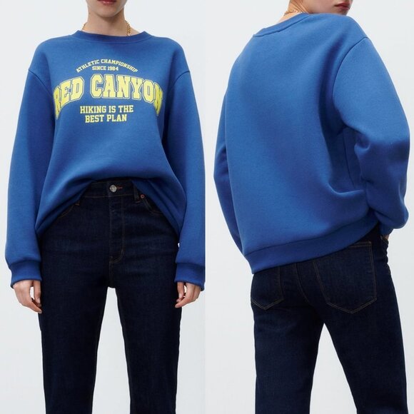 NEW Zara Blue Red Canyon Hiking Is Best Plan Graphic Text Print Sweatshirt Top M - Picture 2 of 10